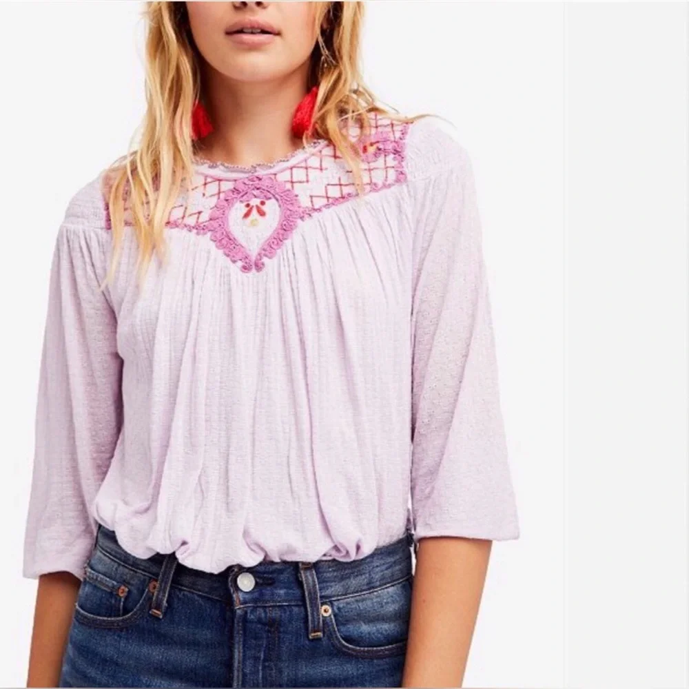 Free People Begonia Embroidered Bohemian Top in Lilac - Picture 2 of 14